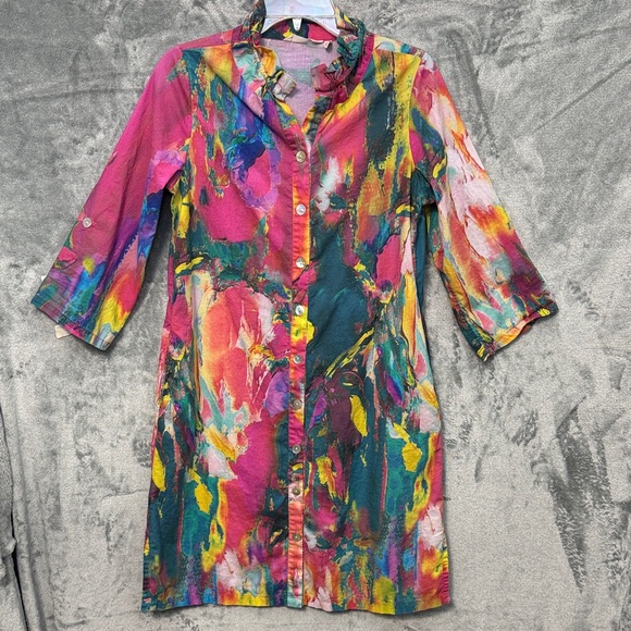 Soft Surroundings Dresses & Skirts - Soft Surroundings small Colorful Patterned cotton button up shift dress 3/4 sl